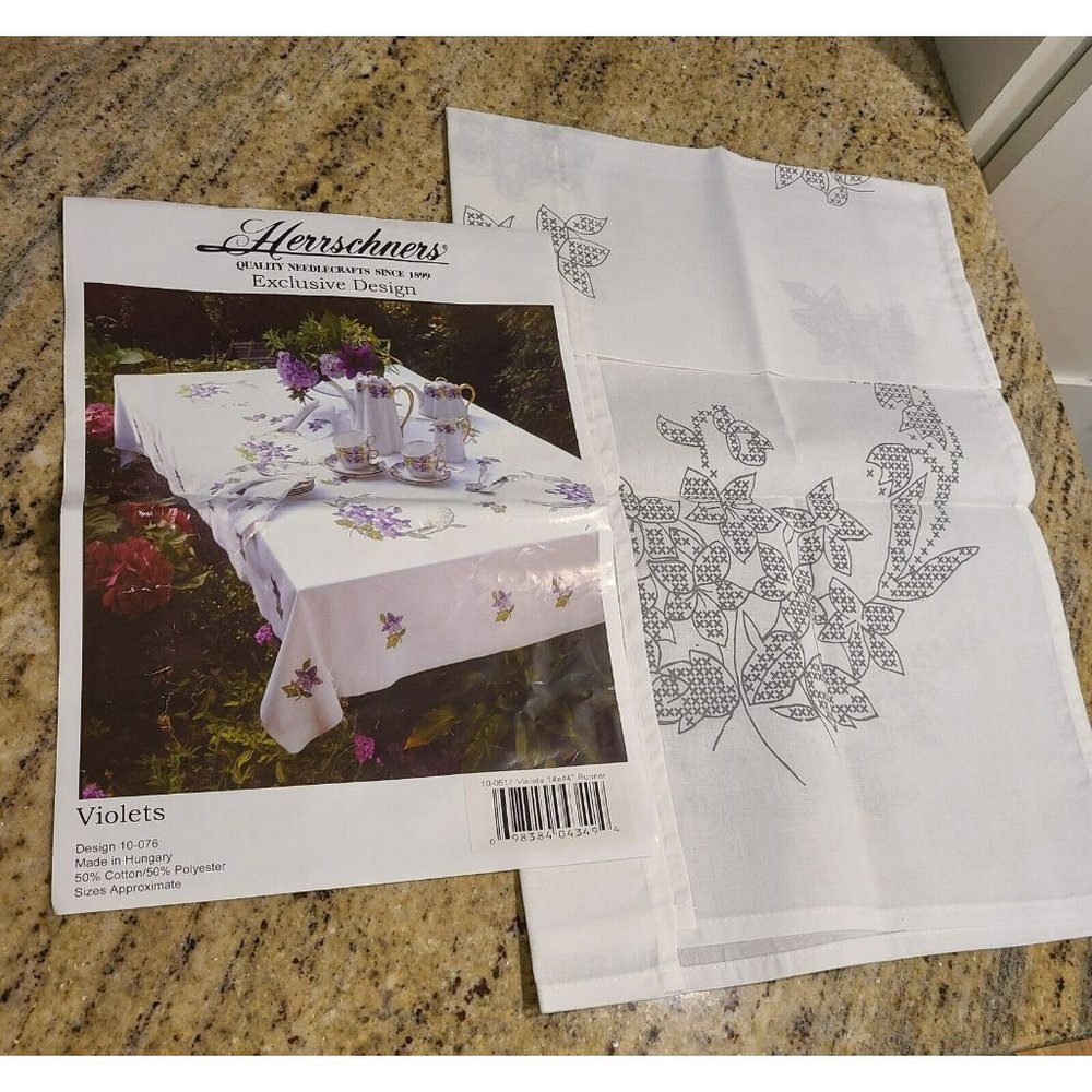 Herrschners Violets Stamped Cross Stitch Table Runner 14x44 10-0517